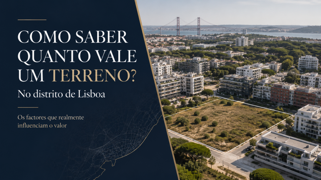 Imagem destacada sobre valorização de terrenos no distrito de Lisboa, com vista aérea urbana e lote assinalado