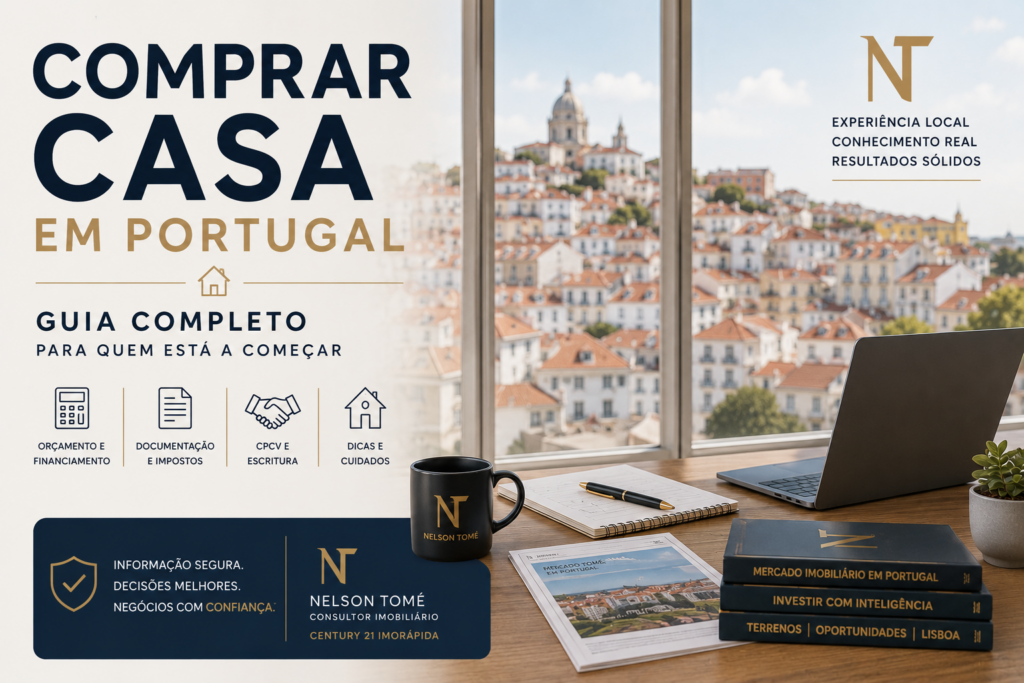 Imagem editorial sobre comprar casa em Portugal, com vista urbana de Lisboa e elementos ligados ao mercado imobiliário