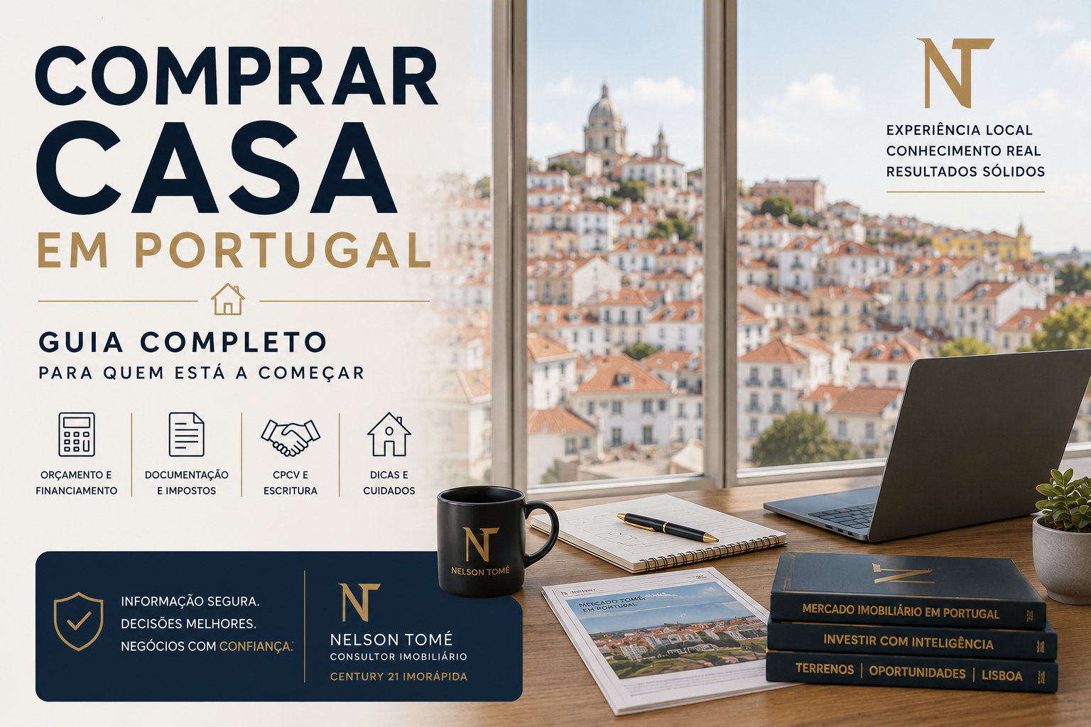 Imagem editorial sobre comprar casa em Portugal, com vista urbana de Lisboa e elementos ligados ao mercado imobiliário