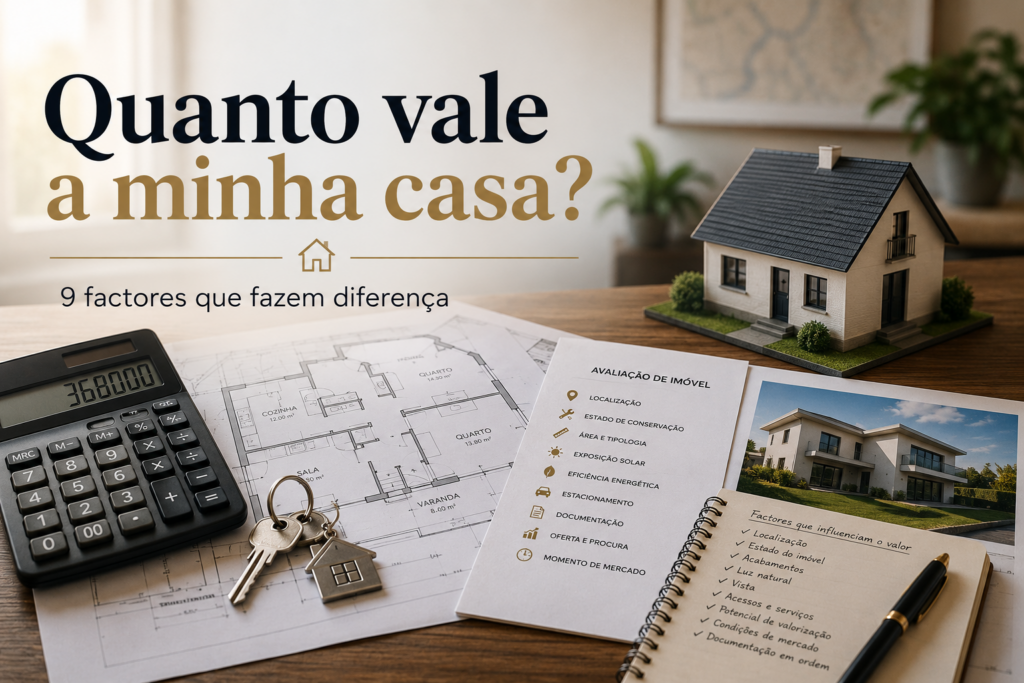 Planta de uma casa, calculadora, chaves e documentos usados numa avaliação imobiliária