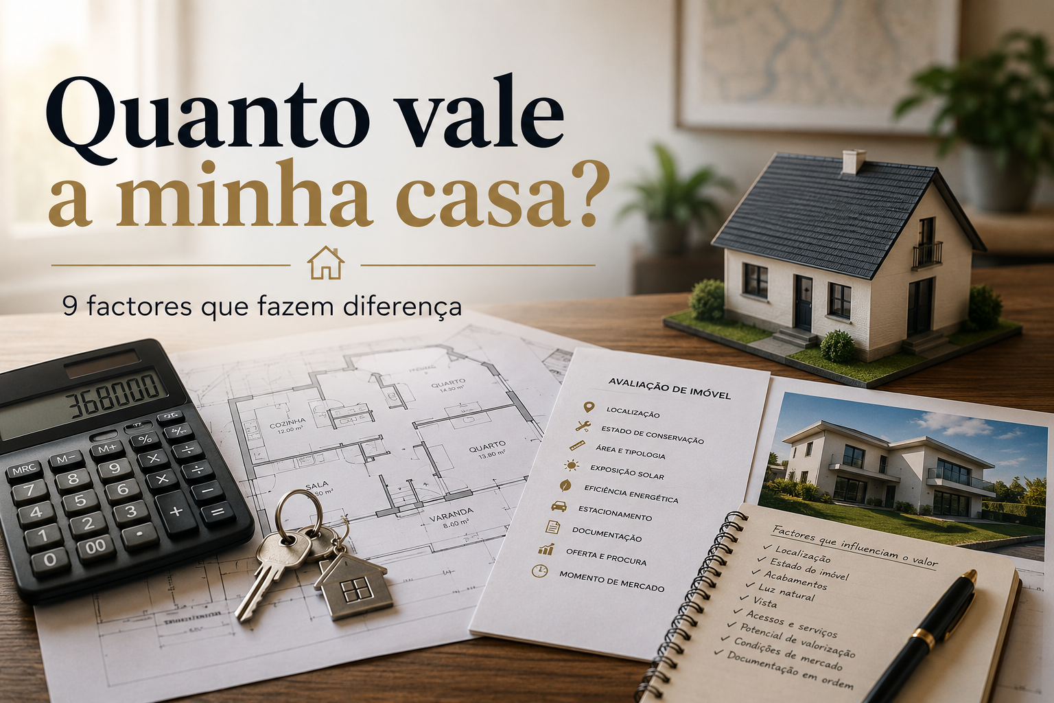 Planta de uma casa, calculadora, chaves e documentos usados numa avaliação imobiliária