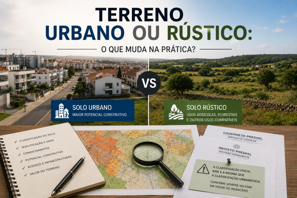 Comparação entre terreno urbano e terreno rústico com mapa, caderneta predial e registo predial